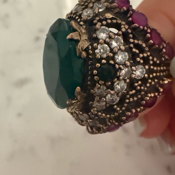 Jewelry - Vintage Estate Green Gemstone Cocktail Ring with Clear Accents